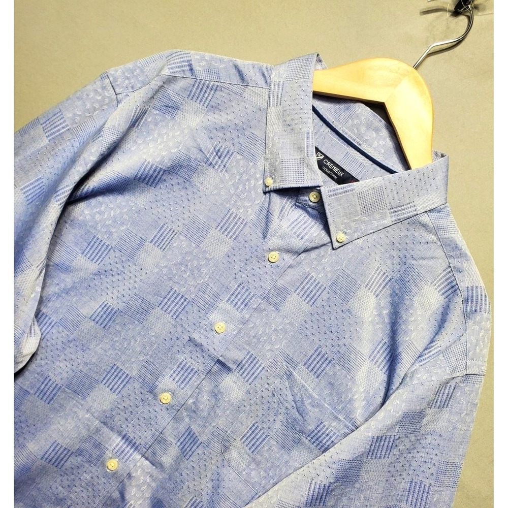 Cremieux Textured Linen Cotton Check Shirt Men 2XL Blue Button Down Quiet Luxury
